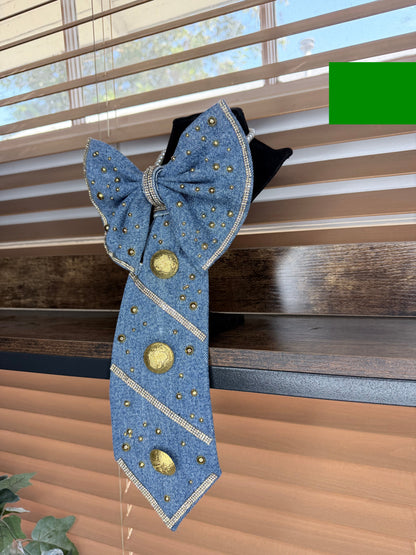 Denim Bow Junk Tie Necklace with Gold Buttons & Rhinestones (Preorder) T Styles Online