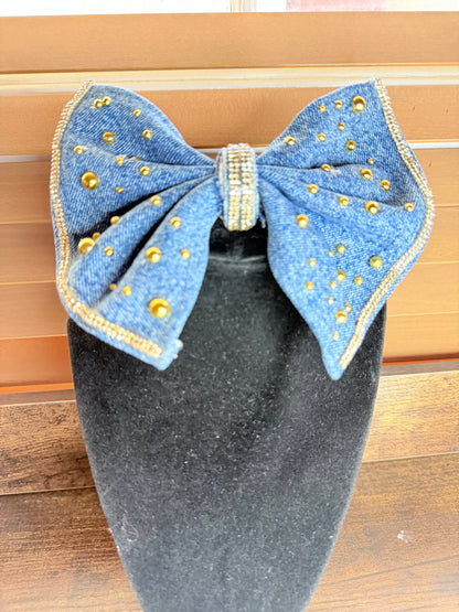 Denim Bow Junk Tie Necklace with Gold Buttons & Rhinestones (Preorder) T Styles Online