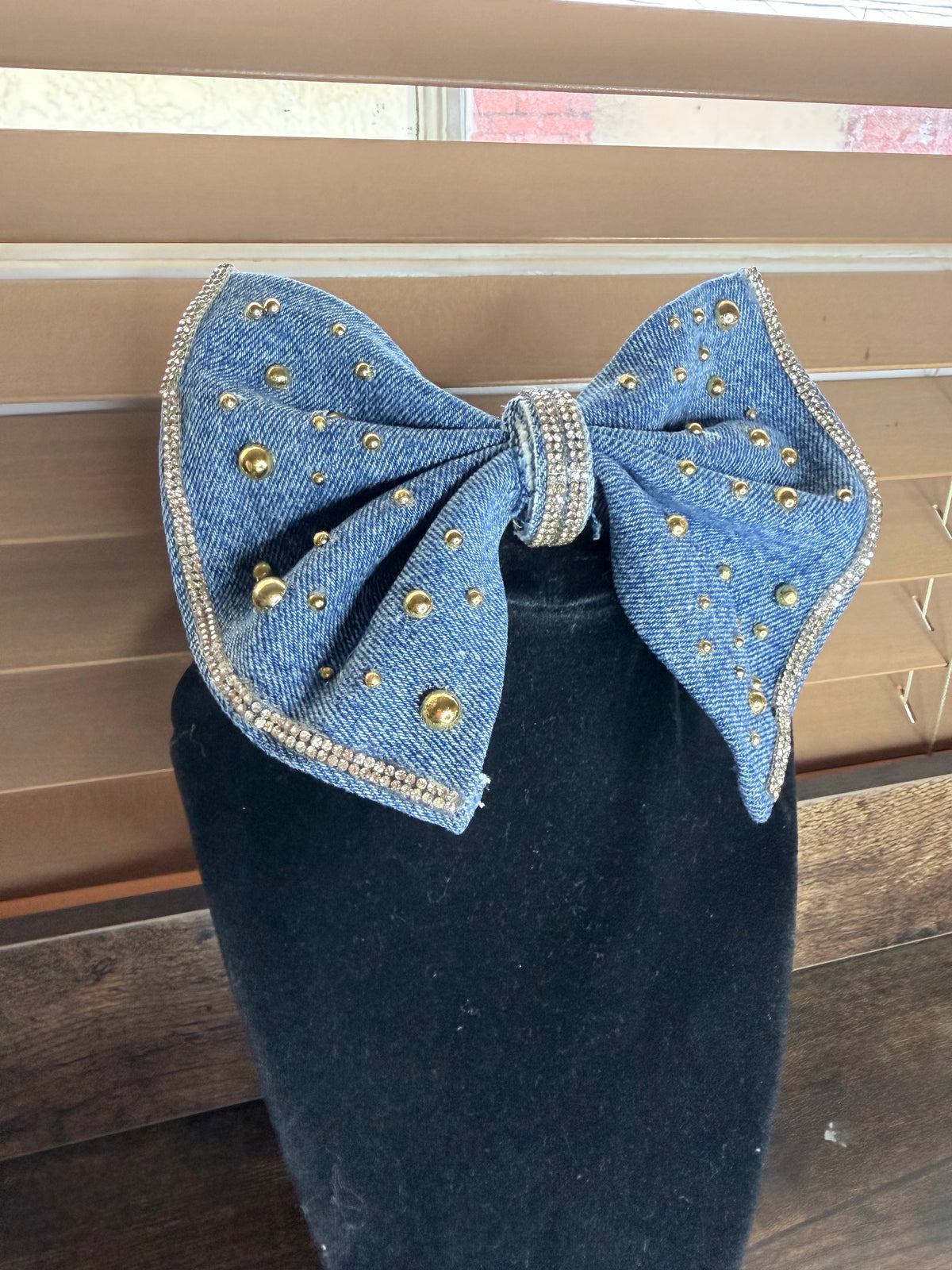 Denim Bow Junk Tie Necklace with Gold Buttons & Rhinestones (Preorder) T Styles Online