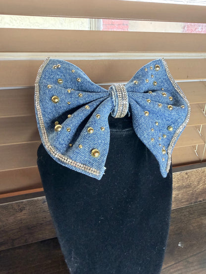 Denim Bow Junk Tie Necklace with Gold Buttons & Rhinestones (Preorder) T Styles Online