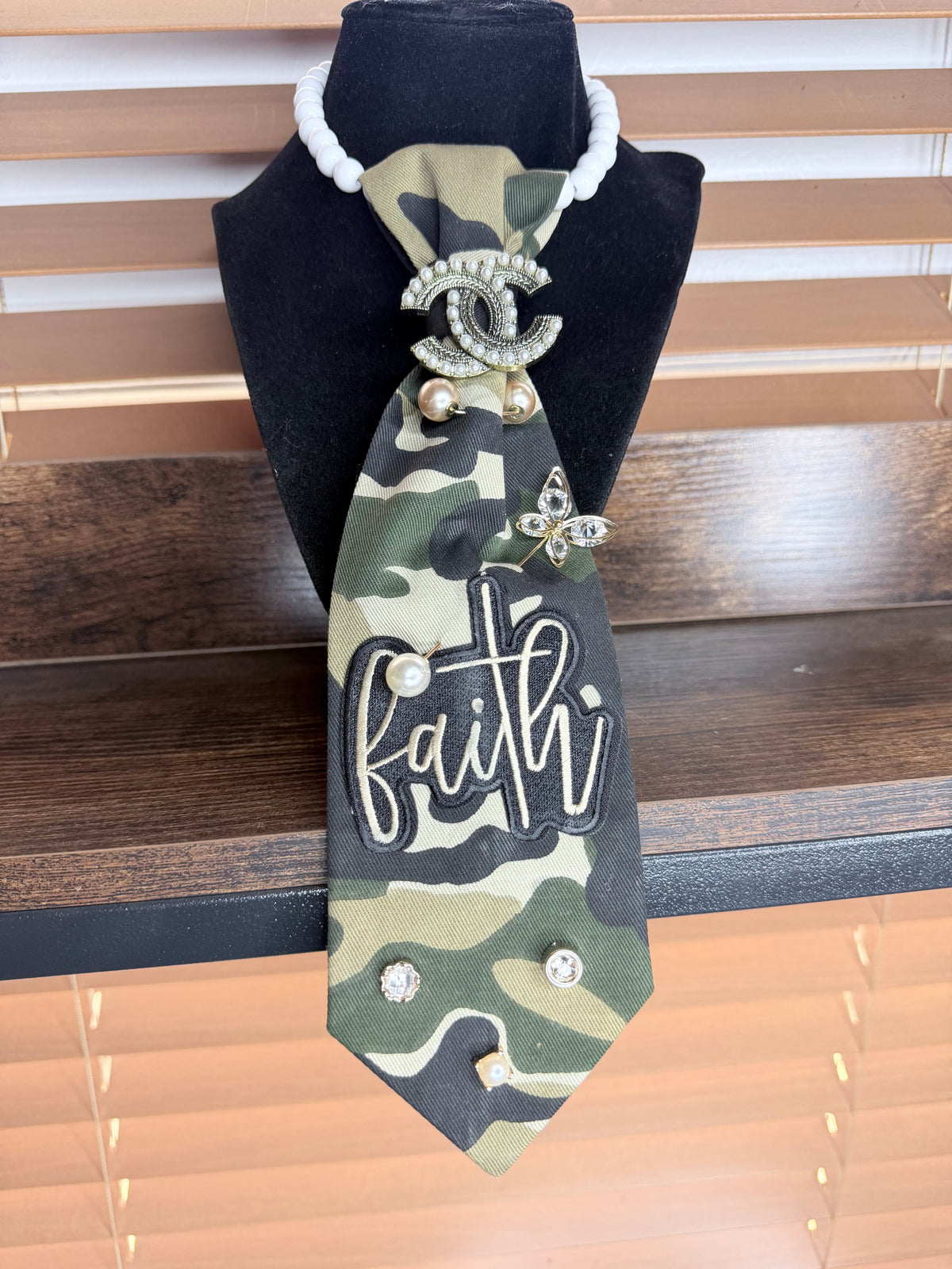 Camo Faith Junk Tie Necklace with Pearl Brooch & Rhinestones (Preorder) T Styles Online