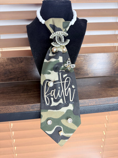 Camo Faith Junk Tie Necklace with Pearl Brooch & Rhinestones (Preorder) T Styles Online