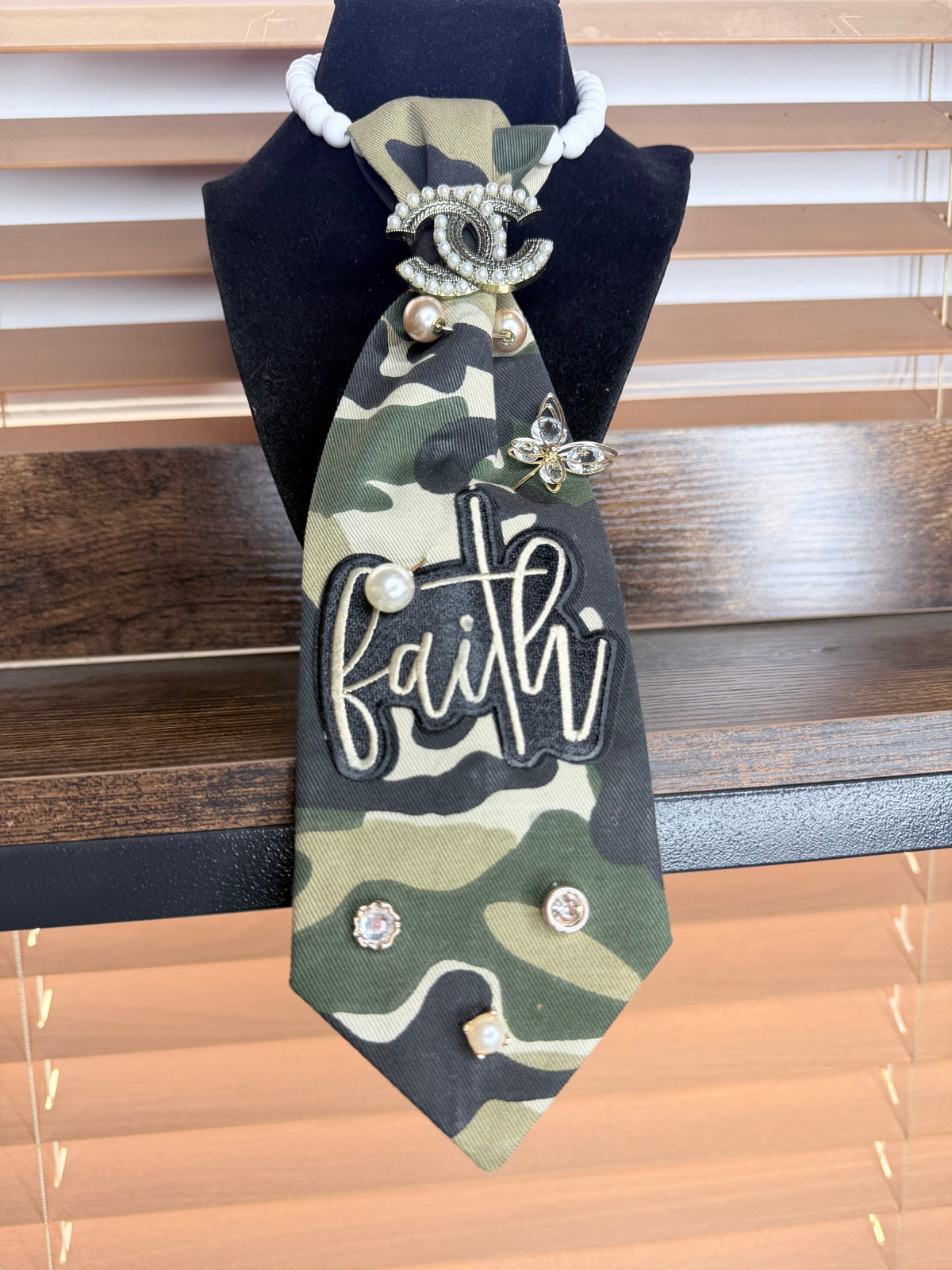 Camo Faith Junk Tie Necklace with Pearl Brooch & Rhinestones (Preorder) T Styles Online