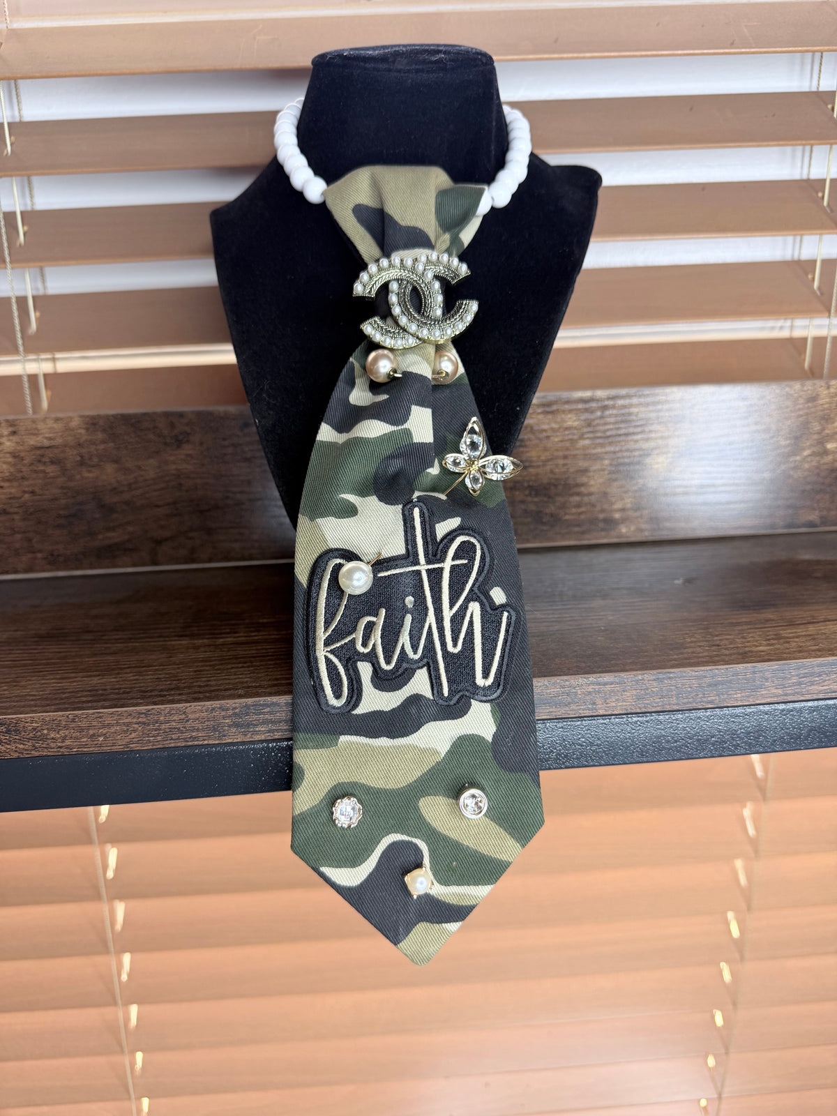 Camo Faith Junk Tie Necklace with Pearl Brooch & Rhinestones (Preorder) T Styles Online