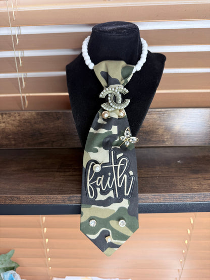 Camo Faith Junk Tie Necklace with Pearl Brooch & Rhinestones (Preorder) T Styles Online