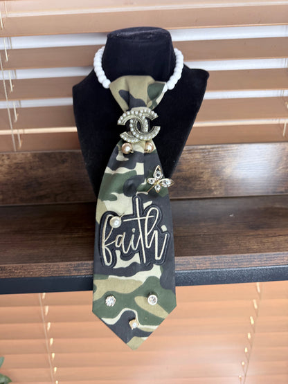 Camo Faith Junk Tie Necklace with Pearl Brooch & Rhinestones (Preorder) T Styles Online