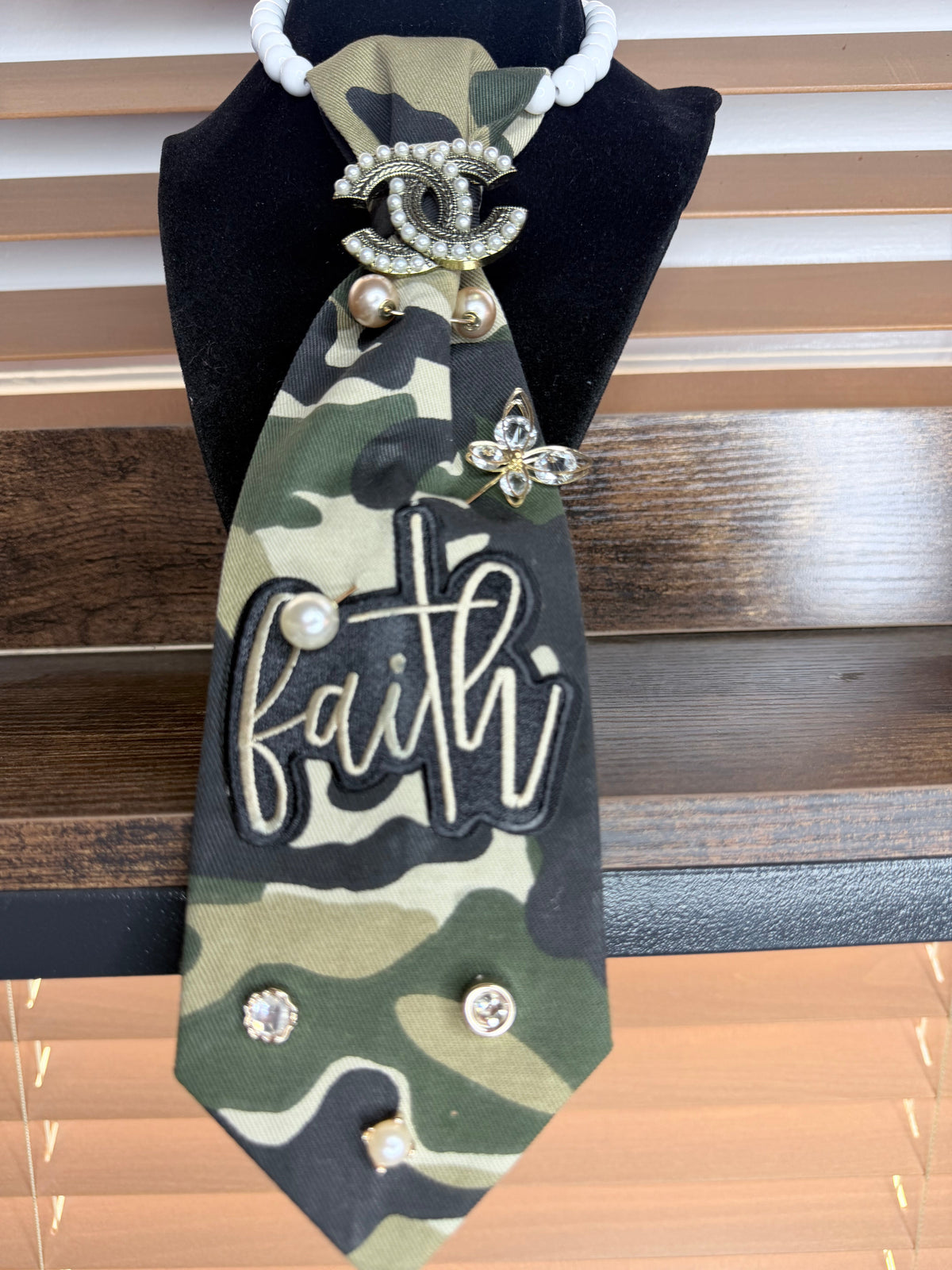 Camo Faith Junk Tie Necklace with Pearl Brooch & Rhinestones (Preorder) T Styles Online