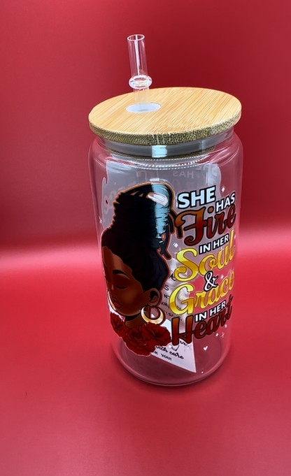 Fire in Her Soul & Grace in Her Heart Glass Cups with Bamboo Lids and Glass Straws - 16 oz. T Styles Online