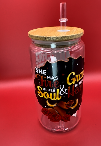 Fire in Her Soul & Grace in Her Heart Glass Cups with Bamboo Lids and Glass Straws - 16 oz. T Styles Online