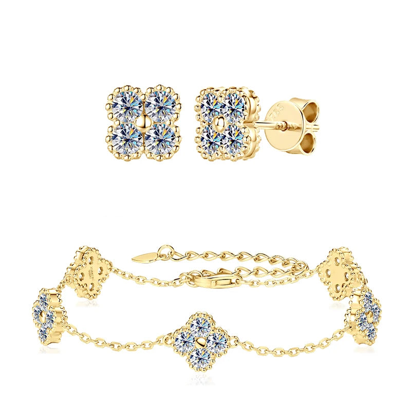 18k Gold Plated 925 Silver 3mm Moissanite Necklace Earrings Bracelet Sets 3 In 1 Clover Flower Charm Jewelry Set for Women Gift T Styles Online
