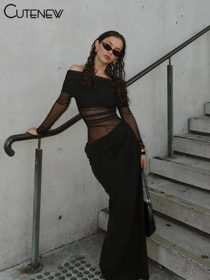 Cutenew Mesh Ruched Women Maxi Dress Sexy See Through Off Shoulder Long Sleeve Sheath Vestidos Female Midnight Party Solid Robe T Styles Online