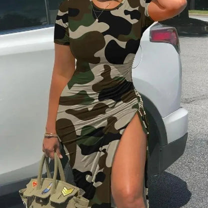 Women's Fashion Dress Camouflage Print Drawstring High Slit Dress 2024 Summer Latest Casual Round Neck Ruched Skinny Midi Skirt T Styles Online