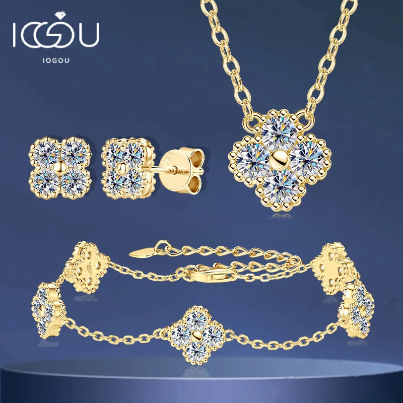 18k Gold Plated 925 Silver 3mm Moissanite Necklace Earrings Bracelet Sets 3 In 1 Clover Flower Charm Jewelry Set for Women Gift T Styles Online