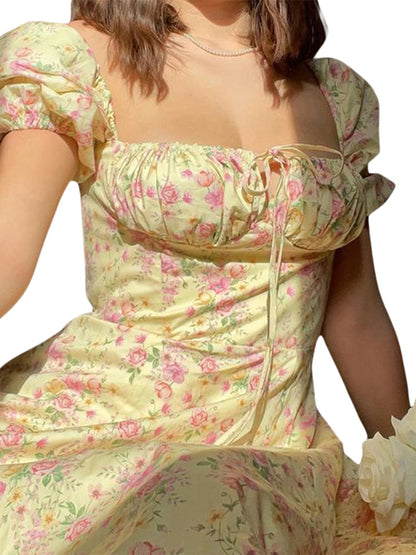 Elegant Women s Maxi Dress with Puff Sleeves Lace-Up Detail Floral Print and High Side Split for a Stylish Look T Styles Online