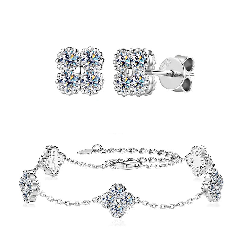 18k Gold Plated 925 Silver 3mm Moissanite Necklace Earrings Bracelet Sets 3 In 1 Clover Flower Charm Jewelry Set for Women Gift T Styles Online