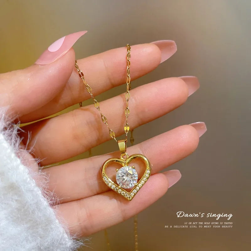 Trendy Heart Stainless Steel Zirconia Necklaces For Women Girls Love Gold Color Metal Necklace Party Birthday Daily Jewelry T Styles Online