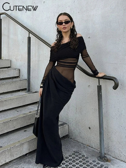 Cutenew Mesh Ruched Women Maxi Dress Sexy See Through Off Shoulder Long Sleeve Sheath Vestidos Female Midnight Party Solid Robe T Styles Online