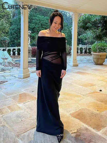 Cutenew Mesh Ruched Women Maxi Dress Sexy See Through Off Shoulder Long Sleeve Sheath Vestidos Female Midnight Party Solid Robe T Styles Online