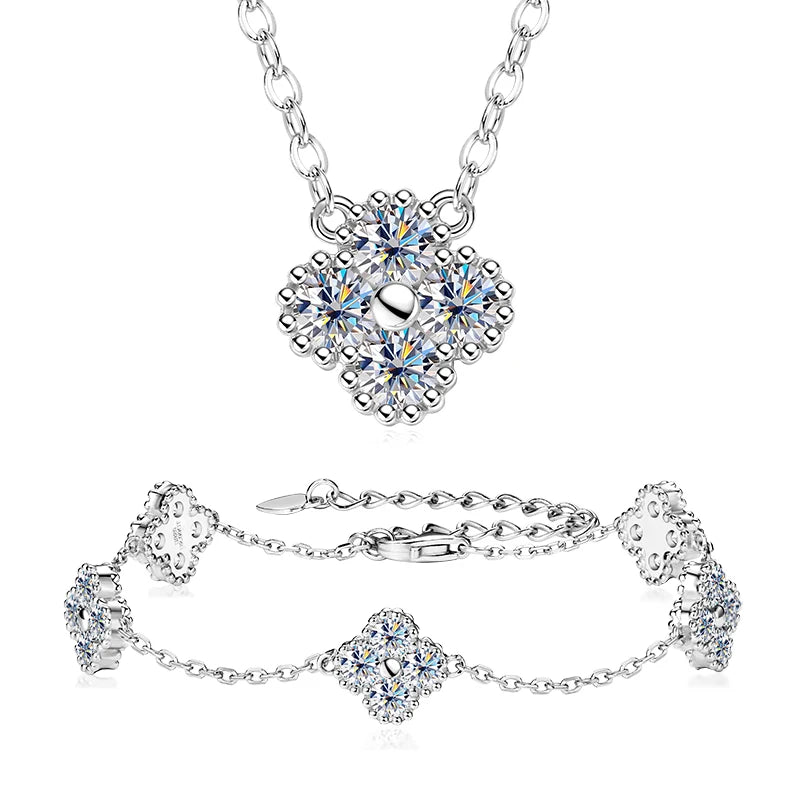 18k Gold Plated 925 Silver 3mm Moissanite Necklace Earrings Bracelet Sets 3 In 1 Clover Flower Charm Jewelry Set for Women Gift T Styles Online
