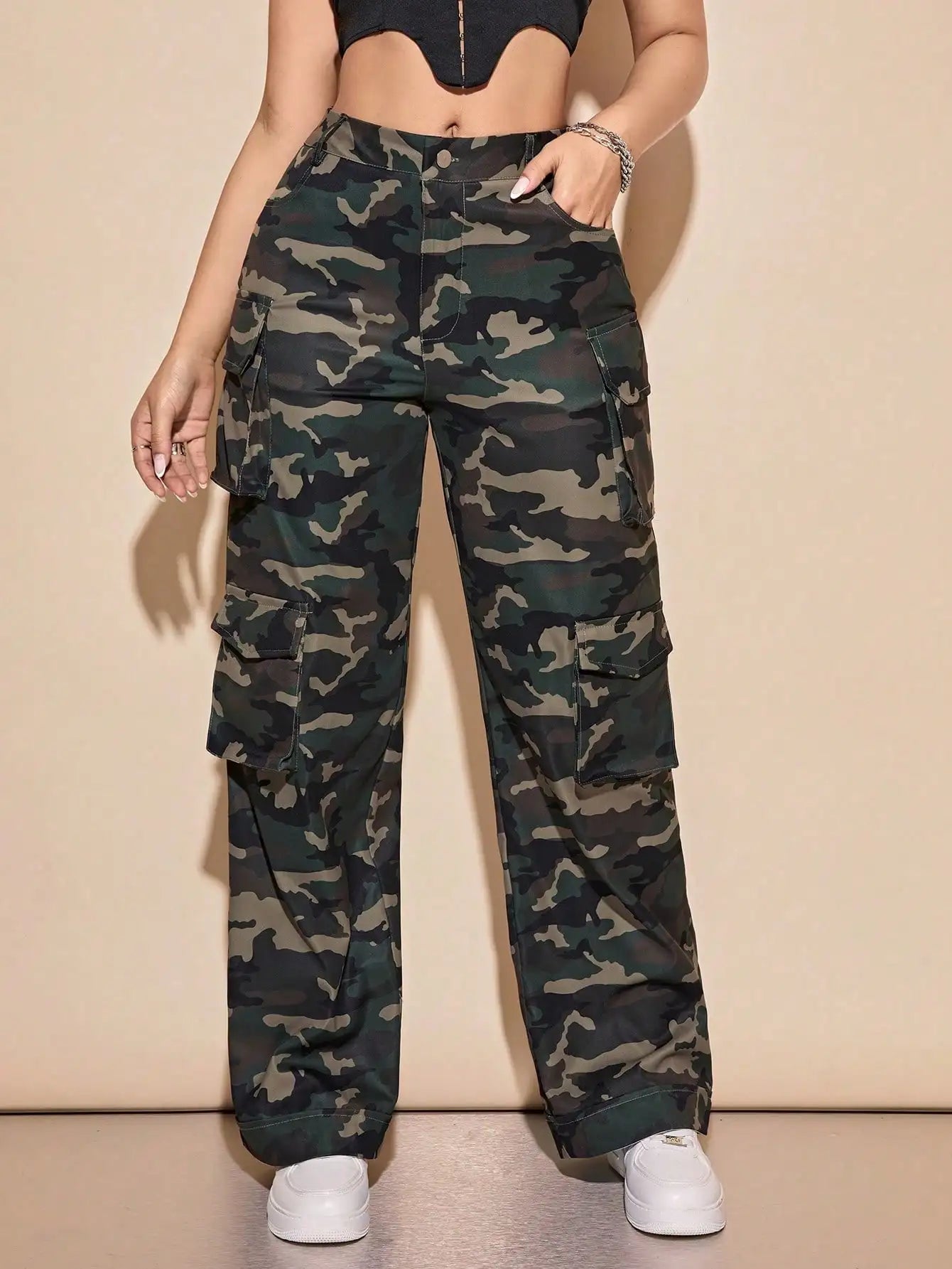 Women's Camo Cargo Pants High Waist Wide Leg Baggy Pants with Flat Pockets Casual Streetwear Jogger Military Pants 2025 T Styles Online