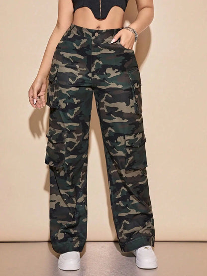 Women's Camo Cargo Pants High Waist Wide Leg Baggy Pants with Flat Pockets Casual Streetwear Jogger Military Pants 2025 T Styles Online
