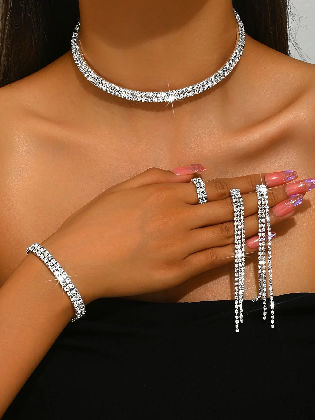 5pcs Luxurious Rhinestone Jewelry Set for Women,Choker, Earrings, Stretch Bracelet & Ring for Weddings, Banquets & Parties T Styles Online