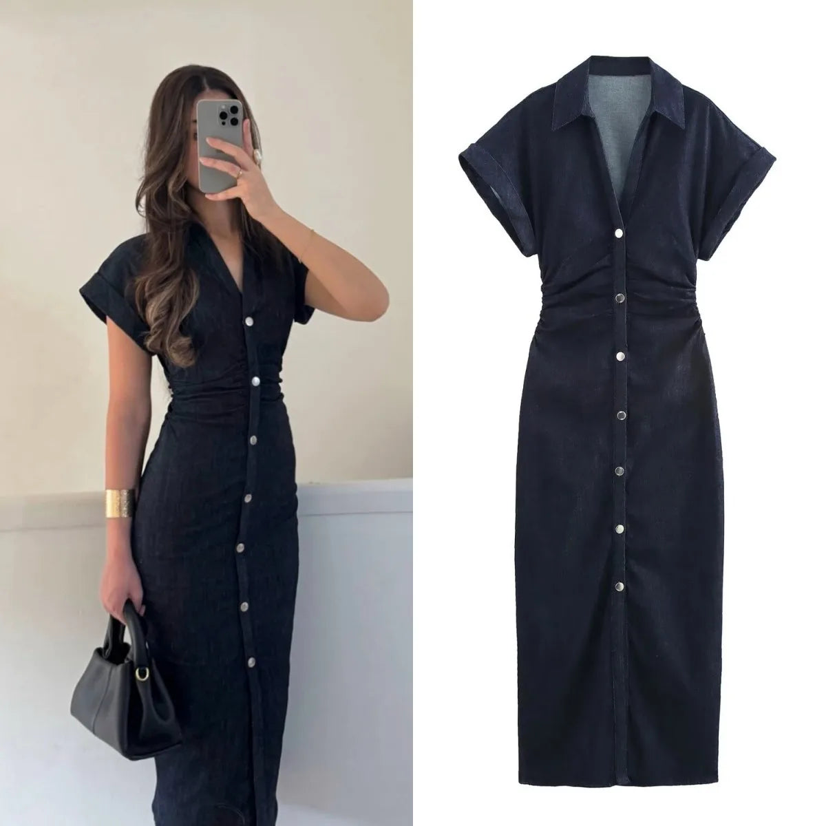 2025 traf Spring New 1975 series denim MIDI dress with lapel side zipper fashion wrinkle waist slim elegant dress T Styles Online