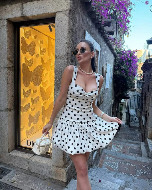 European and American style 2025 summer new sexy hot girl low-cut slim polka dot suspender dress T Styles Online