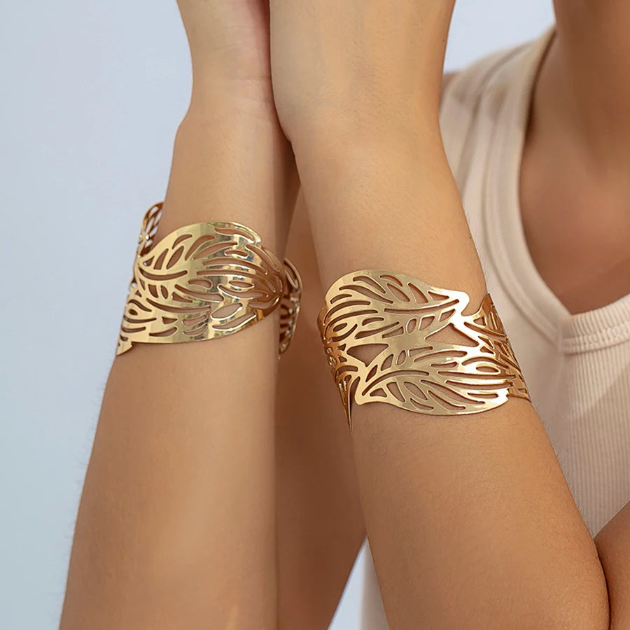 Lacteo Trendy Hollow Wide Cuff Bracelet Leaf Flower Shape Opening Gold Color Big Bangle for Women Jewelry Fashion Punk Ladies T Styles Online