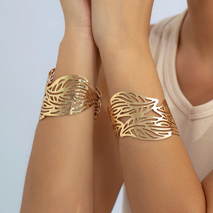 Lacteo Trendy Hollow Wide Cuff Bracelet Leaf Flower Shape Opening Gold Color Big Bangle for Women Jewelry Fashion Punk Ladies T Styles Online