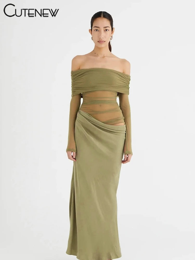 Cutenew Mesh Ruched Women Maxi Dress Sexy See Through Off Shoulder Long Sleeve Sheath Vestidos Female Midnight Party Solid Robe T Styles Online