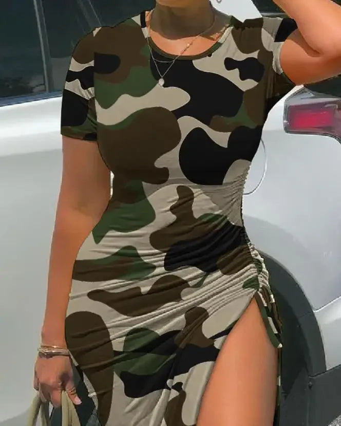 Women's Fashion Dress Camouflage Print Drawstring High Slit Dress 2024 Summer Latest Casual Round Neck Ruched Skinny Midi Skirt T Styles Online