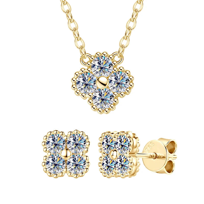 18k Gold Plated 925 Silver 3mm Moissanite Necklace Earrings Bracelet Sets 3 In 1 Clover Flower Charm Jewelry Set for Women Gift T Styles Online