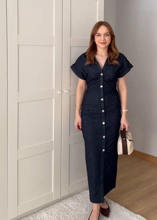 2025 traf Spring New 1975 series denim MIDI dress with lapel side zipper fashion wrinkle waist slim elegant dress T Styles Online