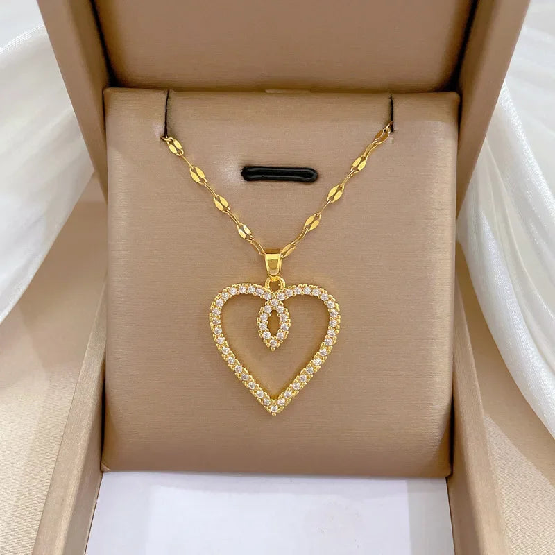 Trendy Heart Stainless Steel Zirconia Necklaces For Women Girls Love Gold Color Metal Necklace Party Birthday Daily Jewelry T Styles Online