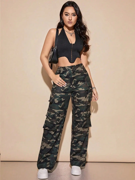 Women's Camo Cargo Pants High Waist Wide Leg Baggy Pants with Flat Pockets Casual Streetwear Jogger Military Pants 2025 T Styles Online