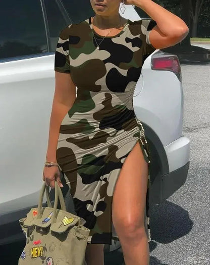 Women's Fashion Dress Camouflage Print Drawstring High Slit Dress 2024 Summer Latest Casual Round Neck Ruched Skinny Midi Skirt T Styles Online
