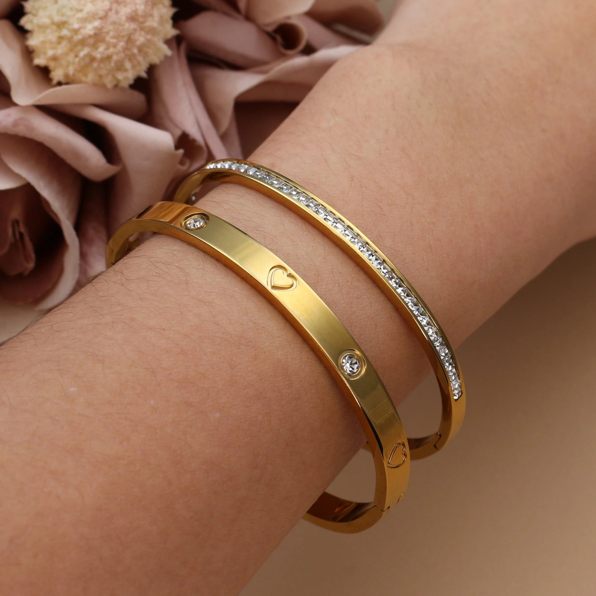 2PCS Fashion Stainless Steel Crystal Gold Color Bracelet Women Jewellery Bangle Party Gift XCB-017 T Styles Online