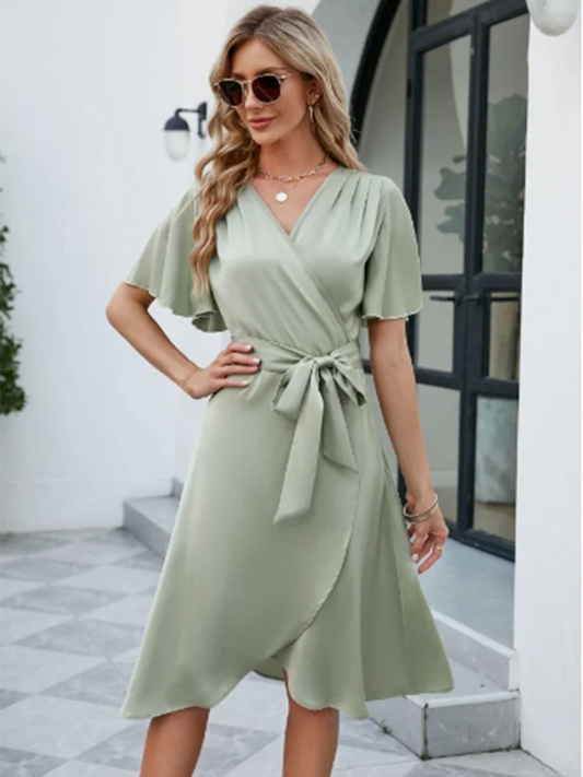Solid Color Horn Short Sleeved V-neck Lace Up Women's Dress Fashionable Street Elegant Commuting Style Summer Dress T Styles Online