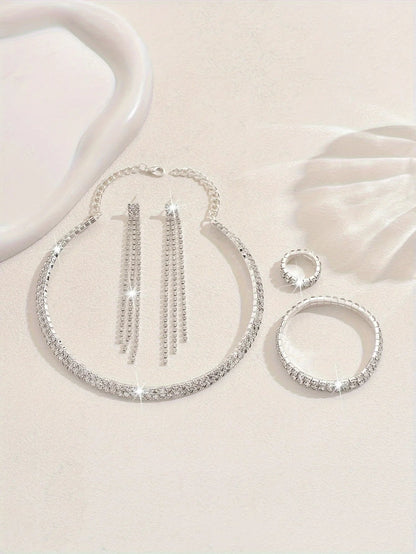 5pcs Luxurious Rhinestone Jewelry Set for Women,Choker, Earrings, Stretch Bracelet & Ring for Weddings, Banquets & Parties T Styles Online