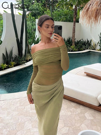 Cutenew Mesh Ruched Women Maxi Dress Sexy See Through Off Shoulder Long Sleeve Sheath Vestidos Female Midnight Party Solid Robe T Styles Online