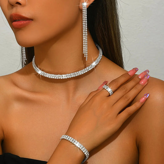 5pcs Luxurious Rhinestone Jewelry Set for Women,Choker, Earrings, Stretch Bracelet & Ring for Weddings, Banquets & Parties T Styles Online