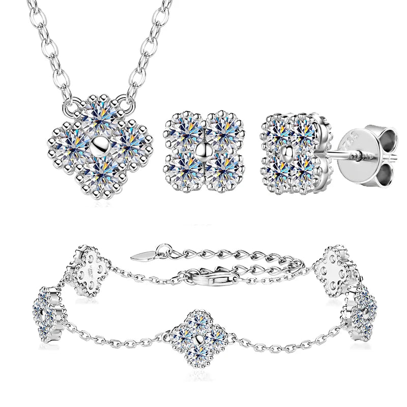 18k Gold Plated 925 Silver 3mm Moissanite Necklace Earrings Bracelet Sets 3 In 1 Clover Flower Charm Jewelry Set for Women Gift T Styles Online