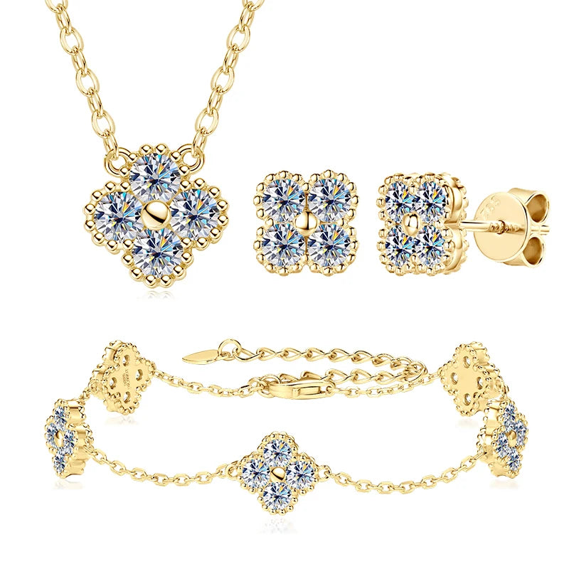 18k Gold Plated 925 Silver 3mm Moissanite Necklace Earrings Bracelet Sets 3 In 1 Clover Flower Charm Jewelry Set for Women Gift T Styles Online