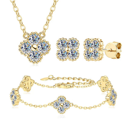 18k Gold Plated 925 Silver 3mm Moissanite Necklace Earrings Bracelet Sets 3 In 1 Clover Flower Charm Jewelry Set for Women Gift T Styles Online