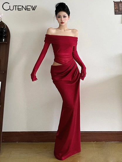 Cutenew Mesh Ruched Women Maxi Dress Sexy See Through Off Shoulder Long Sleeve Sheath Vestidos Female Midnight Party Solid Robe T Styles Online