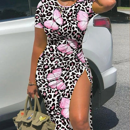 Women's Fashion Dress Camouflage Print Drawstring High Slit Dress 2024 Summer Latest Casual Round Neck Ruched Skinny Midi Skirt T Styles Online