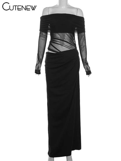 Cutenew Mesh Ruched Women Maxi Dress Sexy See Through Off Shoulder Long Sleeve Sheath Vestidos Female Midnight Party Solid Robe T Styles Online