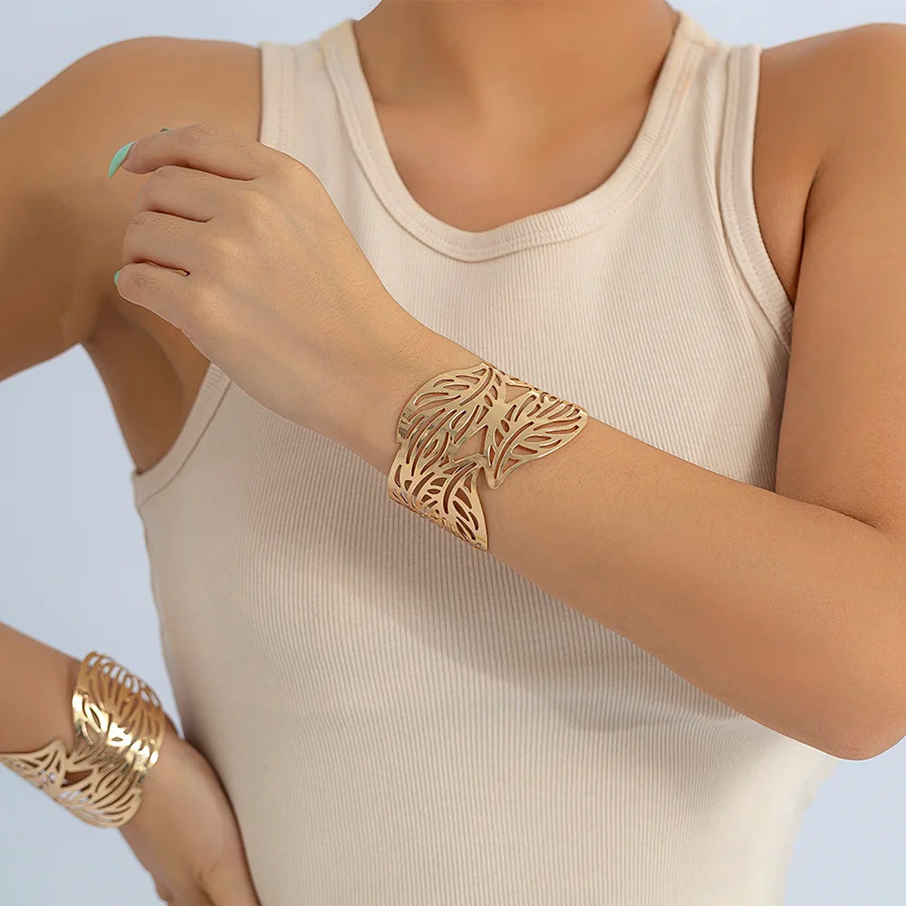 Lacteo Trendy Hollow Wide Cuff Bracelet Leaf Flower Shape Opening Gold Color Big Bangle for Women Jewelry Fashion Punk Ladies T Styles Online