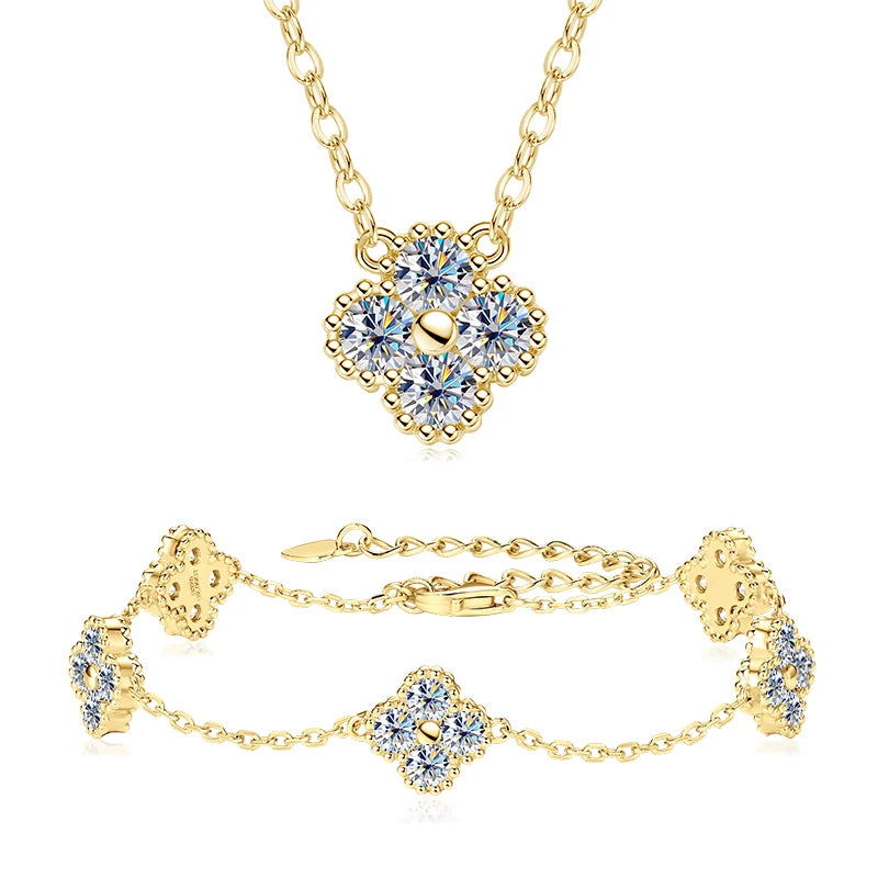 18k Gold Plated 925 Silver 3mm Moissanite Necklace Earrings Bracelet Sets 3 In 1 Clover Flower Charm Jewelry Set for Women Gift T Styles Online